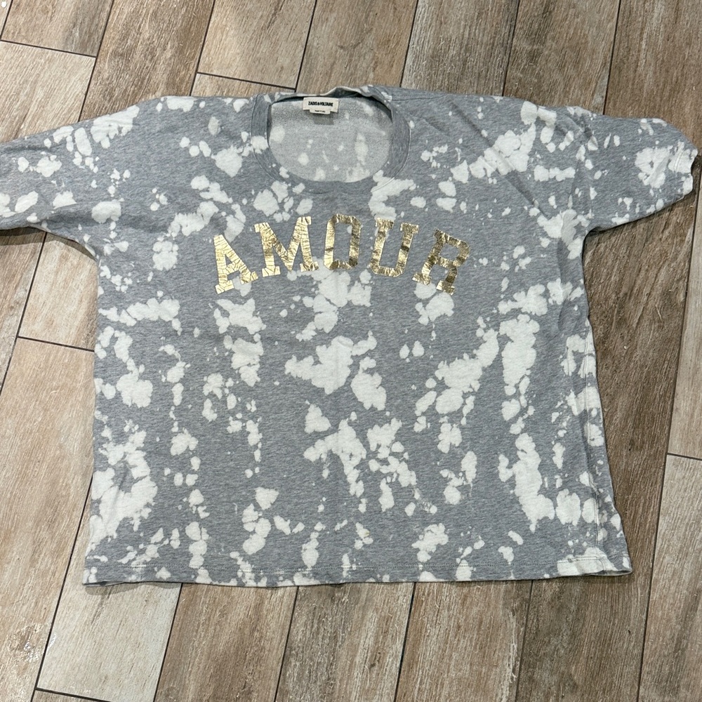 Zadig & Voltaire Gray Bleach-Effect 'AMOUR' Short Sleeve Tee with Gold Lettering